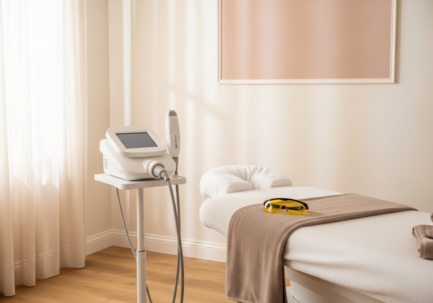 A laser treatment room: the laser console and handpiece on a rolling stand beside a made-up treatment bed with protective eyewear laid out