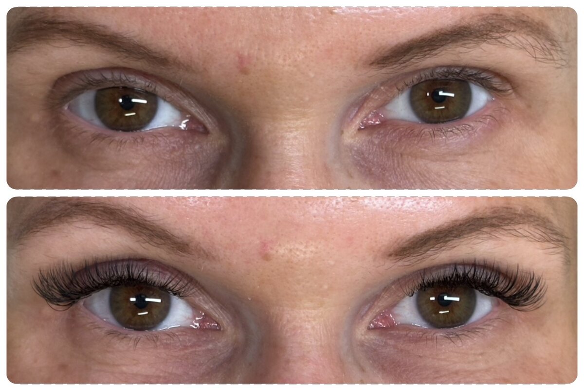 Lash extensions before and after on brown eyes: bare lashes above, a fuller lifted set below
