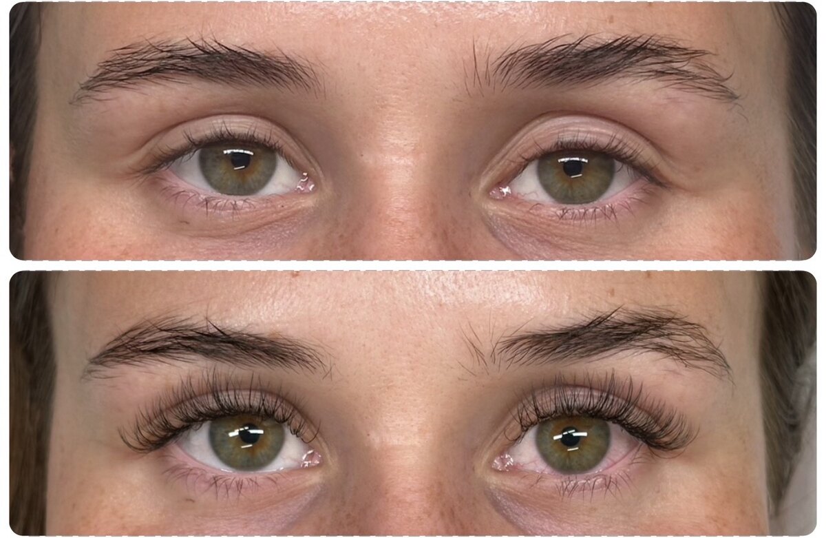 Lash extensions before and after: natural lashes above, a full curled set below