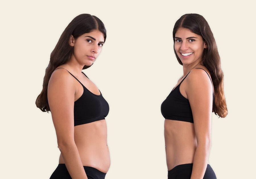 A woman in a black sports top and shorts, shown from the side and from the front