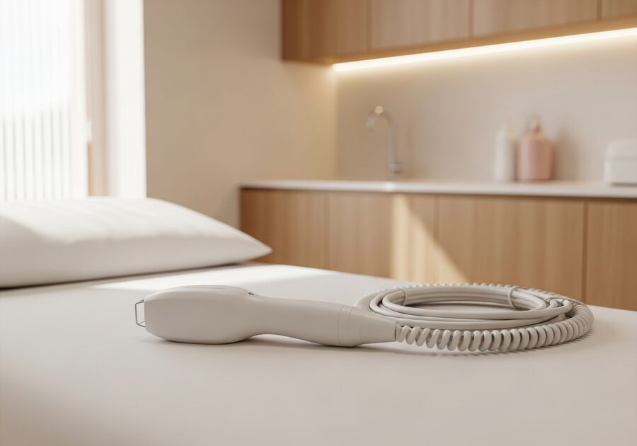 A laser handpiece resting on a white treatment bed