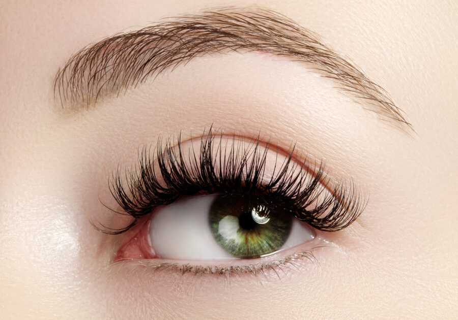 Close-up of an eye with full, curled lash extensions and a groomed brow